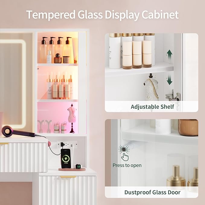 Big Vanity, 59.1" Fluted Wood Makeup Vanity Desk with Mirror and Sound Sync LED Lights, Large Vanity Dressing Table, 8 Drawers, 2 Glass Cabinets, with Charging Station for Girls, Women (White)