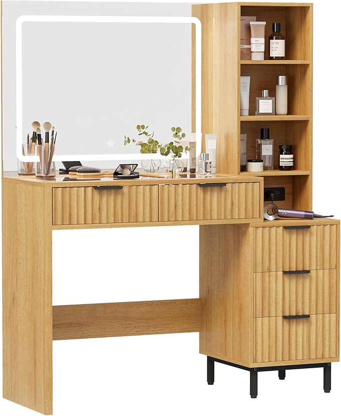 Fluted Vanity Desk with Large Mirror and Lights, Modern Wood Makeup Vanity Desk with Glass Top, Charging Station, 5 Drawers Adjustable Open Shelves, Dressing Table Set for Bedroom, Natural Oak