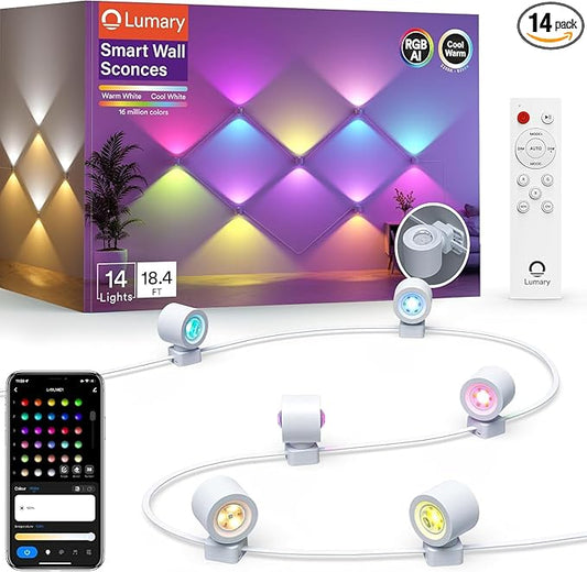 Lumary RGBAICW Smart Wall Sconces, Indoor Up Down Wall Lights 18.4ft with 14 LEDs Color Changing DIY Light Fixture for Bedroom, Living Room, Party, Home Decor, Compatible with Alexa/Google Assistant