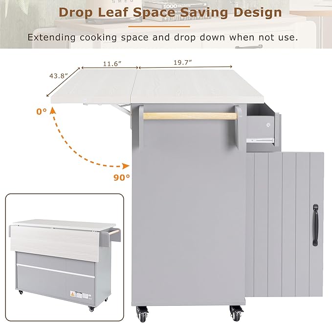 Kitchen Island with Storage & Drop Leaf, 51" Kitchen Rolling Island on Wheels with Spice Rack & Towel Rack, Kitchen Island Cart with Trash Can Storage, Grey