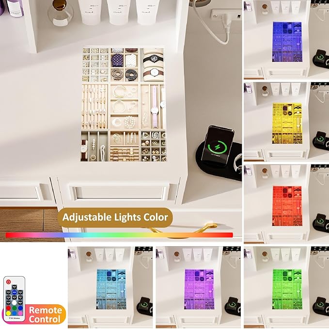 Makeup Vanity Desk with Mirror and Lights,Glass Top Dresser with Charging Station,Vanity Table with Storage and Jewelry Stand,Dressing Table,edroom Makeup Desk for Women,White