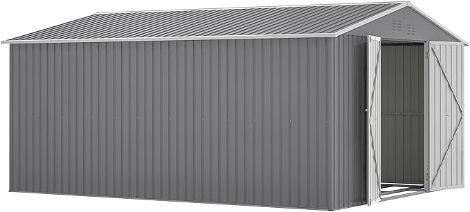 11x13FT Outdoor Storage Sheds with Floor Frame& Lockable Doors Garden Metal Shed Waterproof Galvanized Steel Tool Shed with Air Vents Sloping Roof Ideal for Backyard Patio Lawn Gray