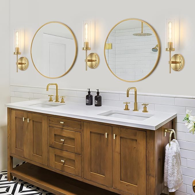 Gold Wall Sconces, Modern Bathroom Vanity Light Fixtures, Sconces Wall Decor Set of 2, Wall Lamps with Clear Glass, Indoor Wall Lights for Bedroom Living Room Hallway