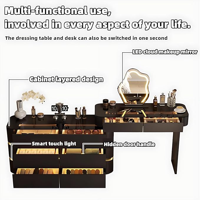 Makeup Vanity Desk with Storage Drawers, Solid Wood Glass Top, Lights Desk and Chair, Easy Installation (Black 2 Drawers, 31.5”)