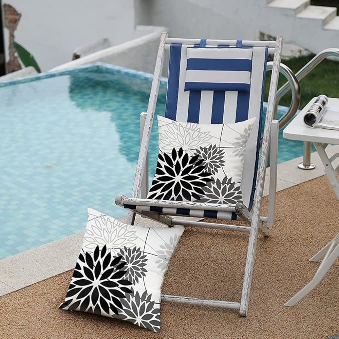 Black Grey Floral Pillow Covers 20x20 Set of 2 Outdoor Waterproof White Colored Decorative Throw Pillows Summer Pillowcase Polyester Cushion Case Decor for Couch Patio Funiture Garden Porch 01L20