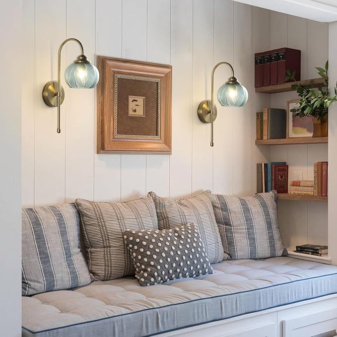 KCO Lighting Brushed Gold Wall Sconce Light Vintage Green Glass Wall Sconce Set of 2 Unique Bathroom Wall Sconces Set of Two Modern Globe Sconces Wall Lighting Stair Corner Wall Lamp