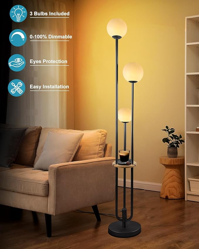 Lightdot Full Dimmable Floor Lamp for Living Room 3-Globe Standing Lamp with Table Candle Holder Style Black Tall Lamps for Bedroom Office Cafe with 3000K Soft Warmwhite Bulbs Included