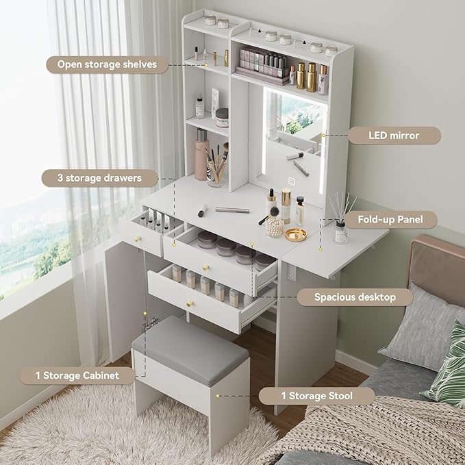 ARTETHYS Vanity Desk with Mirror and Lights White Makeup Vanities Set with Storage Chair Dressing Table with Drawer and Fold-up Panel for Bedroom