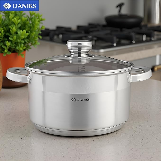 Daniks Standard Stainless Steel Stock Pot with Glass Lid – Induction 7 Quart, Dishwasher Safe, Measuring Scale, For Soup, Pasta, Stew, Silver