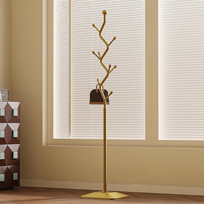 Coat Rack Freestanding gold Coat Tree with 8 Hooks, Creative Design Tree Branch-look, Standing Coat Rack Coat Hanger Stand with Stury cast iron Base for Entryway, Hallway, Bedroom (gold)