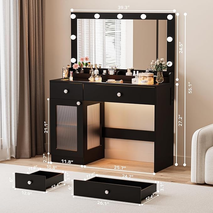 Vanity Desk with Large Mirror and Lights, 39.4'' Glass Top Makeup Vanity with RGB Cabinet Drawers Power Outlet 3 Color Light Modes Brightness Adjustable Vanity Dressing Table for Bedroom Black