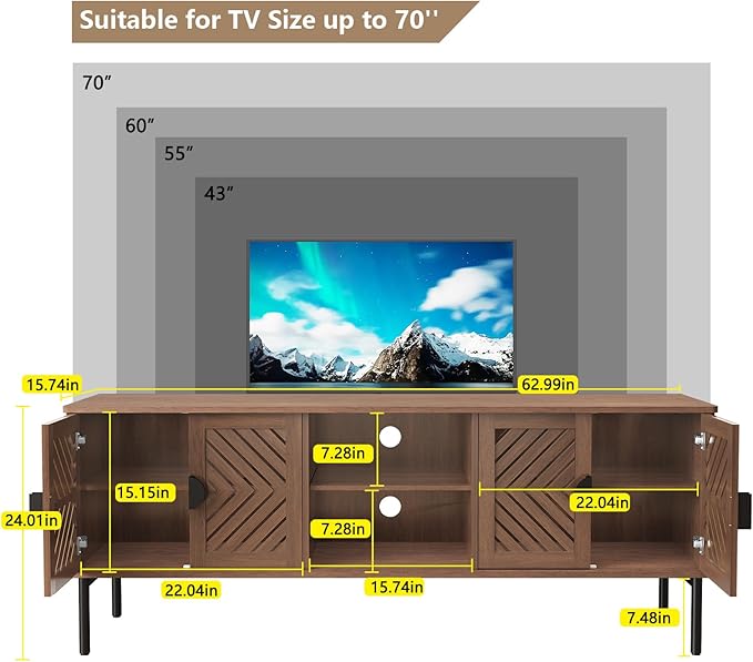 ARTPOWER 63" Modern TV Stands for Living Room, Long Entertainment Center with Storage, TV Console for 55 60 65 70 Inch TV, Bedroom TV Cabinet with Doors, Wood Media Console, Television Stand, Brown