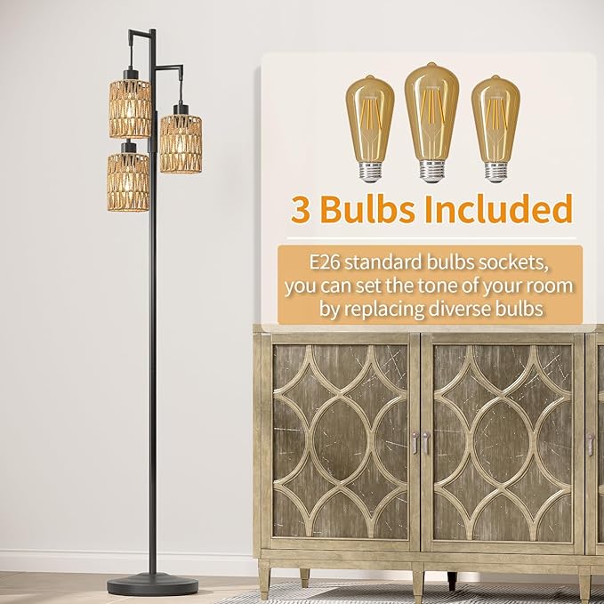 Oneach 68" Floor Lamps for Living Room, Stepless Dimmable Boho Floor Lamp with 3 Bulbs, Tall Farmhouse Industrial Corner Standing Tree Lamp for Bedroom, Office, Study Room, Dining Room, Black