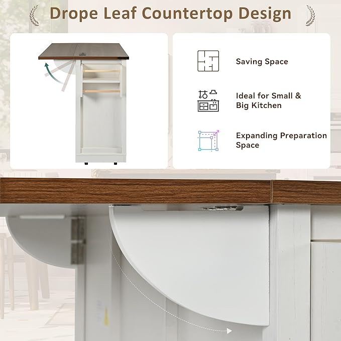 Kitchen Island with Power Outlet & Drop Leaf, 54" Kitchen Rolling Island on Wheels with Spice Rack & Towel Rack, Kitchen Island Cart with Storage, White