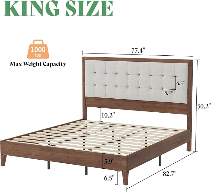 AMERLIFE King Size Solid Wood Bed Frame with Tufted Headboard, Mid-Century Style, No Box Spring Required, Easy Assembly, Walnut