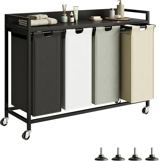 Laundry Hamper with Shelf, Laundry Basket 4 Section, Laundry Sorter with Pull-Out Removable Large 4 Color Bags and Movable Wheels, Metal Frame, 4 x 15.87 Gallons (60L), Black PF07XLK