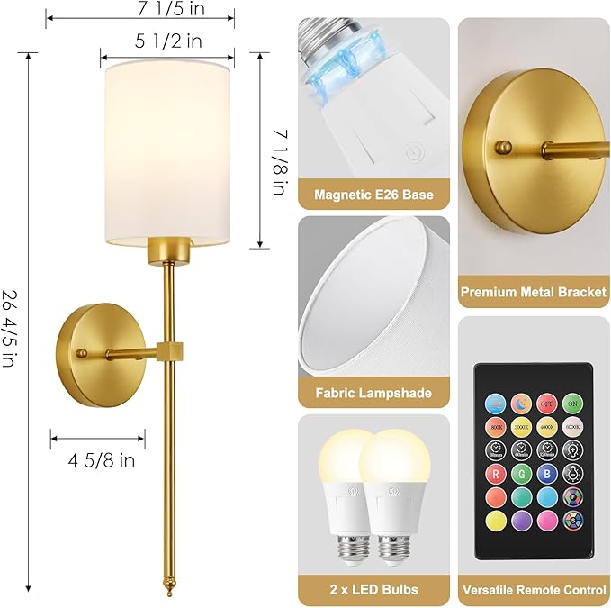 Battery Operated Wall Sconce Set of Two,Wireless Rechargeable Wall Light With Remote Control, Dimmable, 1800K/3000K/4000K/6000K/RGB, Timer, for Living Room, Bedroom, Fireplace, TV, 26.8 Inch, Gold