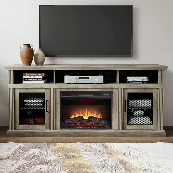 Cheerway 3D Fireplace TV Stand for TVs up to 80’’, Wooden Media Entertainment Center Table & TV Cabinets w/Storage Shelves & Barn Door, Electric Fireplace w/Remote Control & Adjustable Flame