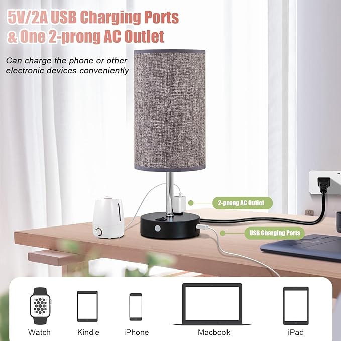 Table Lamps with Motion Sensor and Constant on Two Modes, USB Lamp with Warm White Bulb, Fabric Shade, Built-in USB Port & AC Outlet - Bedside Table Lamp for Bedroom or Living Room
