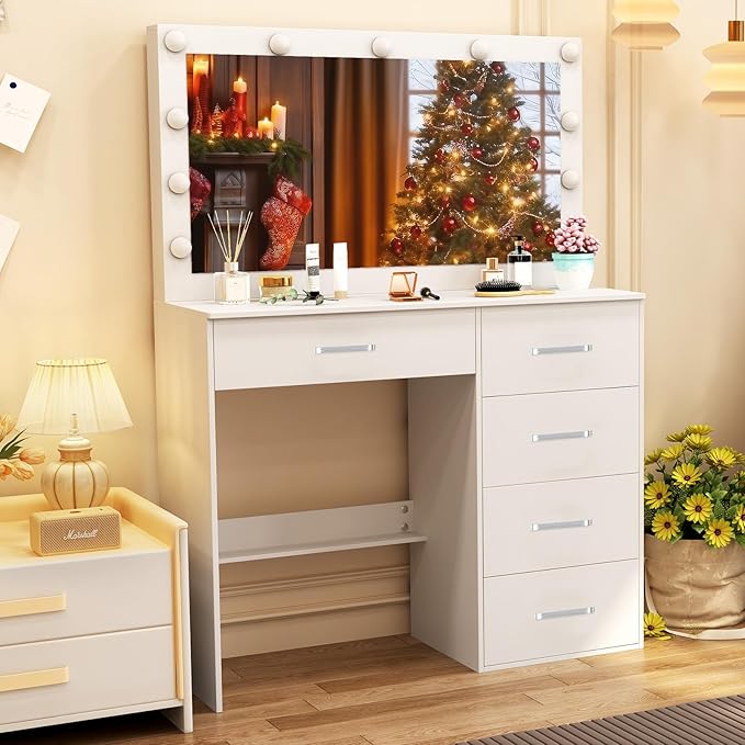 Makeup Vanity Desk with Large Mirror and Lights, White Makeup Vanity Table Set with Storage Drawers, Vanity with Lights for Bedroom, Dressing Table for Teen Girls and Women
