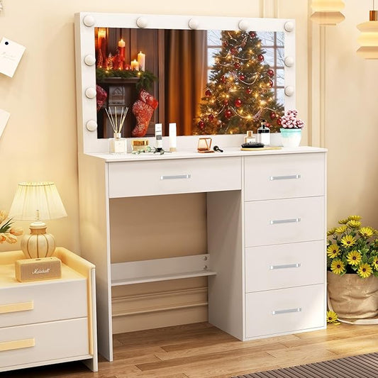 Makeup Vanity Desk with Large Mirror and Lights, White Makeup Vanity Table Set with Storage Drawers, Vanity with Lights for Bedroom, Dressing Table for Teen Girls and Women