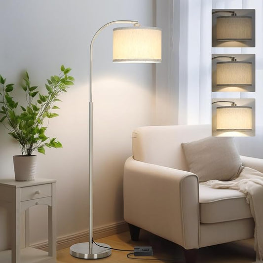 Boncoo Arc Floor Lamp, Dimmable Floor Lamp for Living Room, Standing Lamp with Adjustable Drum Shade, Tall Pole Lamp for Bedroom Study Room Office, 9W 3000K LED Bulb Included