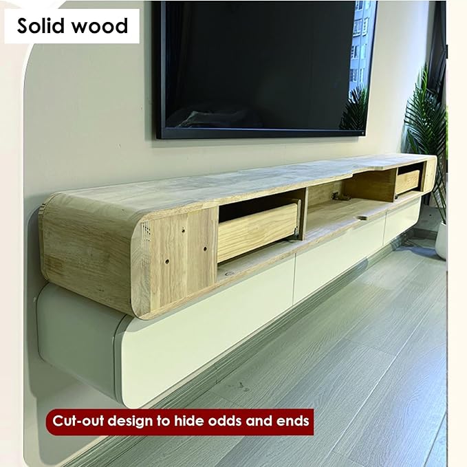 FPIGSHS Wall Mounted Media Console with 2 Drawers，Solid Wood 47.2/63in Floating TV Stand，Hanging TV Shelf Entertainment Center TV Cabinet, for Home Office (A, 200cm/78.7in)…