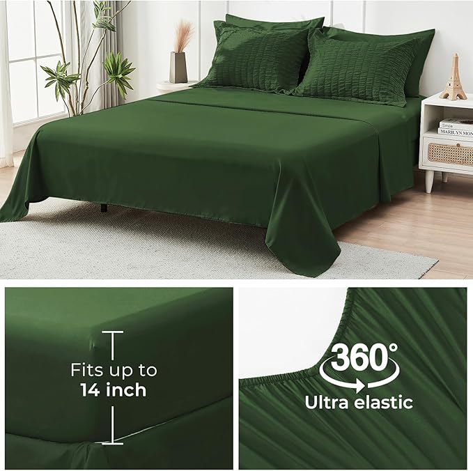 HYMOKEGE Dark Green California King Comforter Set Seersucker 7 Pieces, All Season Luxury Bed in a Bag Queen for Bedroom, Bedding Set with Comforter, Sheets, Pillowcases & Shams