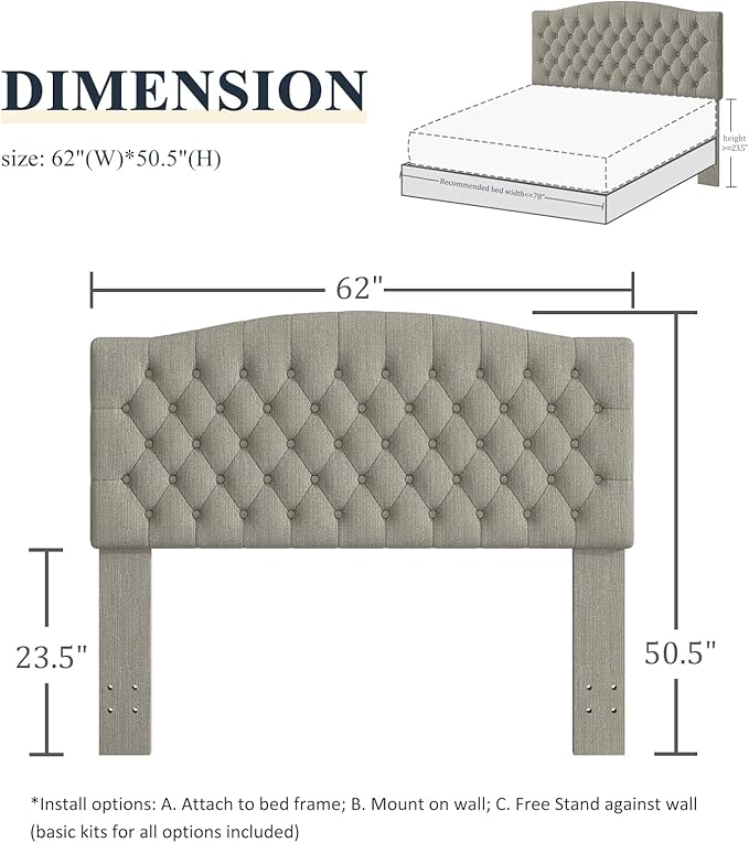 Queen Headboard Only, Upholstered Headboard for Adjustable Bed Linen Tufted Queen/Full Size Wall Mounted Head Board with Solid Wood Legs Head Board, Linen