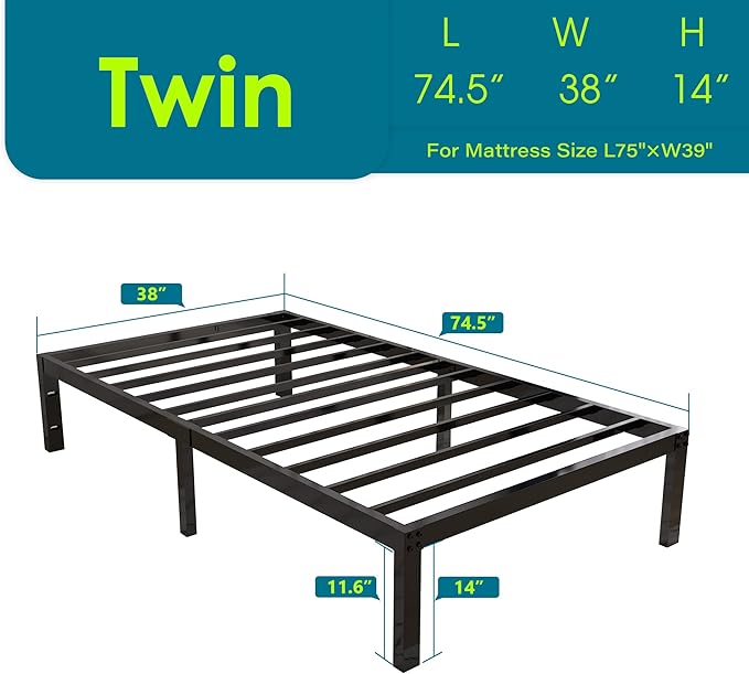 14 Inch 4000lbs Heavy Duty Support Basic Bed Frame/Mattress Foundation/Box Spring Replacement/Steel Slat Platform/Easy to Assemble/with Storage/Noise Free, Twin
