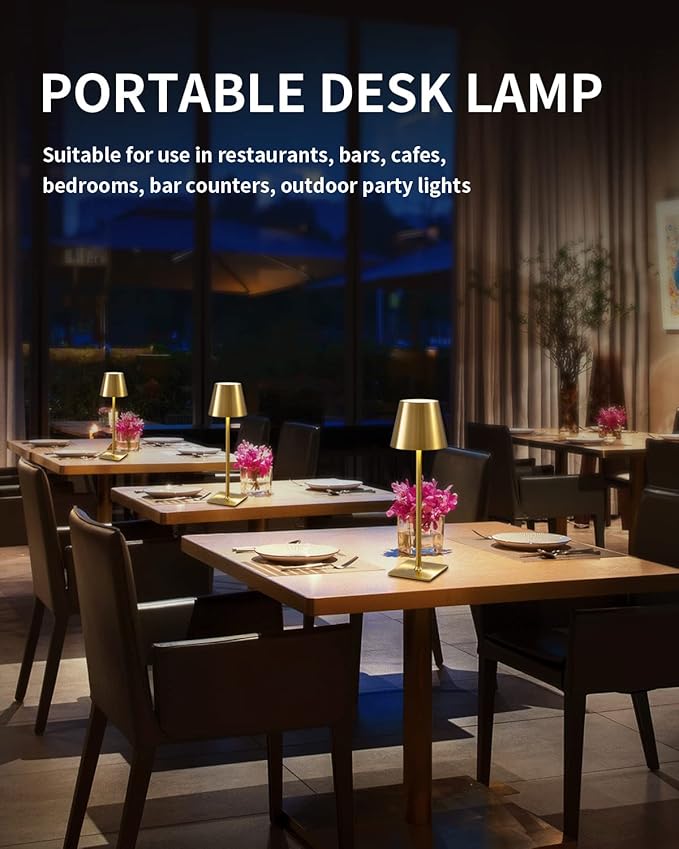 KDG 2 Pack Cordless Table Lamp,Portable LED Desk Lamp, 5000mAh Battery Operated, 3 Color Stepless Dimming Up, for Restaurant/Bedroom/Bars/Outdoor Party/Camping/Coffee Shop Night Light(Gold)