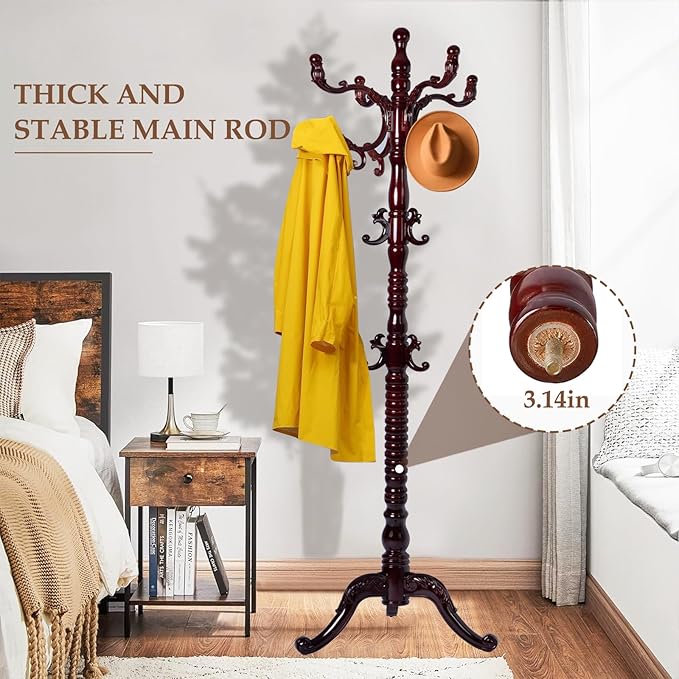Wood Coat Rack Freestanding, Natural Coats Tree Stand with 14 Hooks, 73" Sturdy and Easy Assembly Coat Rack Stand for Entryway, Hallway, Bedroom, Bags, Hats (Tri-legged Base, Rosewood)