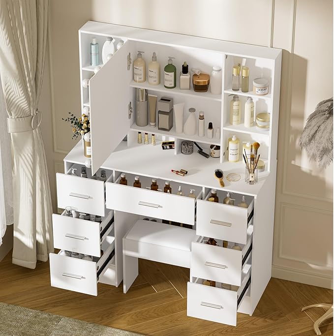 39" W Makeup Vanity Desk with Mirror and Lights, White Vanity Set with 7 Drawers and 8 Storage Shelves, Vanity Table with Adjustable LED Lights and Stool, Dressing Table for Girls, White