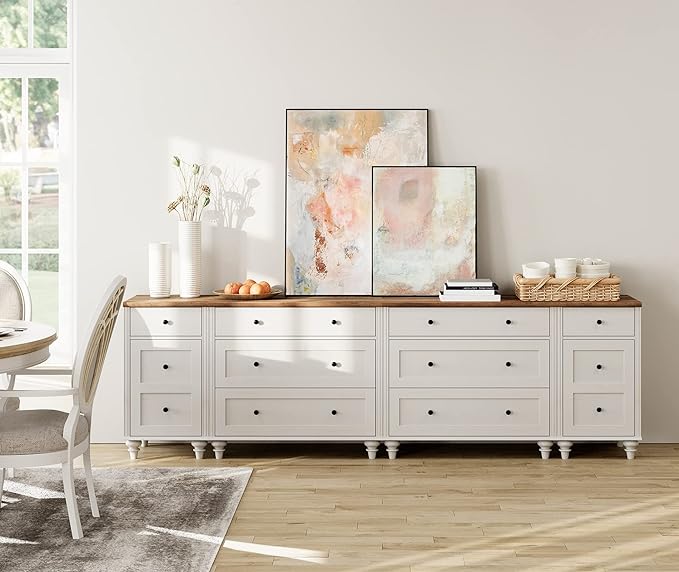 WAMPAT 100 inch TV Stand with 9 Drawers, TV Cabinet Entertainment Center for 75/80/85/90 Inch TV, Kids Dresser with 3 Drawers for Bedroom, Nightstands with Charging Station for Living Room, White