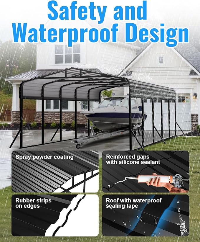 12x25FT Metal Carport, Extended Heavy Duty Carport with Reinforced Frame & Side Support Poles for All-Weather, Large Outdoor Car Port for Pickup Trucks, Boats, Cars & Tractors
