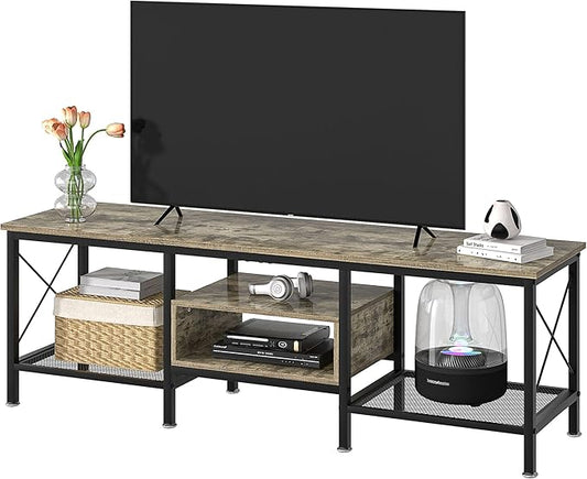 VECELO Industrial TV Stand for 75 Inch Television Cabinet 3-Tier Console with Open Storage Shelves, Entertainment Center Metal Frame for Living Room, Bedroom, 70 Inch, Light Grey