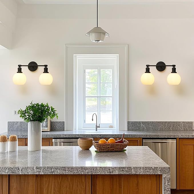 Vintage 2-Lights Wall Sconce with Milk White Glass Globe Shade, Hardwired Indoor Wall Light Fixture for Bathroom Vanity Living Room Bedroom