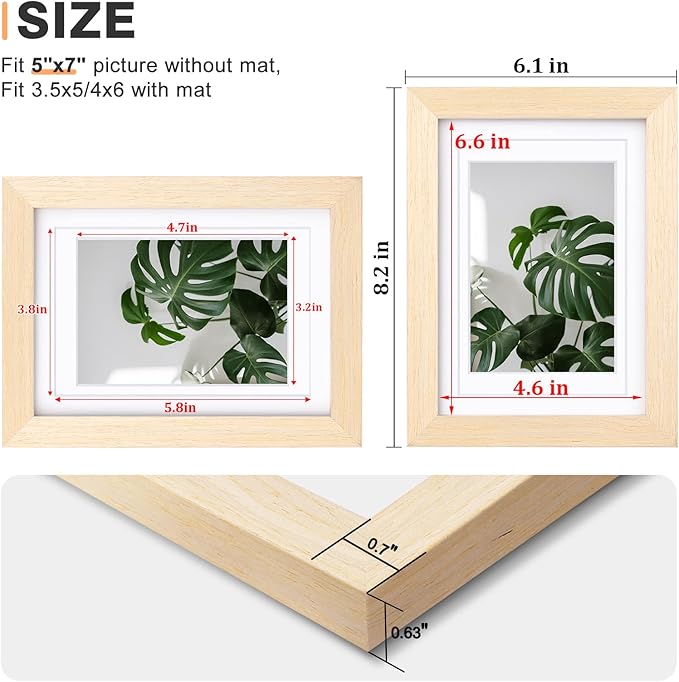 Egofine 5x7 Picture Frame Made of Solid Wood with Plexiglass, Display Pictures 3.5x5/4x6 with Mat or 5x7 Without Mat for Tabletop and Wall Mounting, Oak Wood
