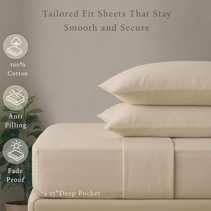 Threadmill - 5 Star Hotel Twin Sheet Set 100% Cotton Sheets, 500 Thread Count, Deep Pocket, Snug Fit, Soft & Crisp Best Bedding Sheets Set 3 Piece Set (Twin, Beige)