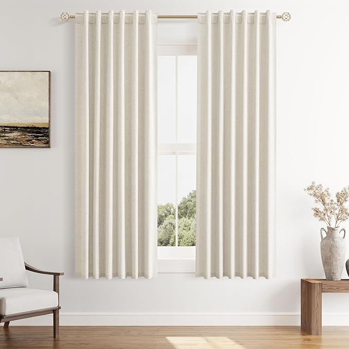 Guken Linen Blackout Curtains 63 Inch Length 2 Panels Set for Living Room Bedroom Back Tab Thermal Insulated 100% Black Out Linen Drapes Room Darkening Window Curtains 40 Wide