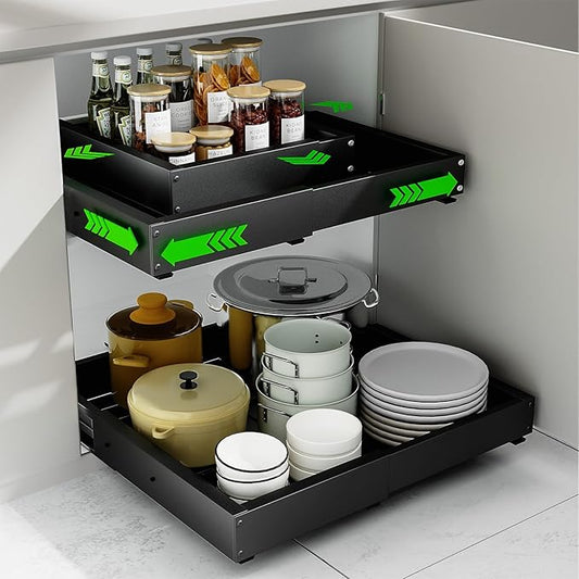 2PCS Expandable Pull Out Cabinet Organizer, Adjustable Width 12"-19" & Depth 16.5"-22", 4-Side Extension, 5 Slide Rails for Heavy Duty Use, Adhesive Roll Out Shelves for Kitchen Cabinets, Black