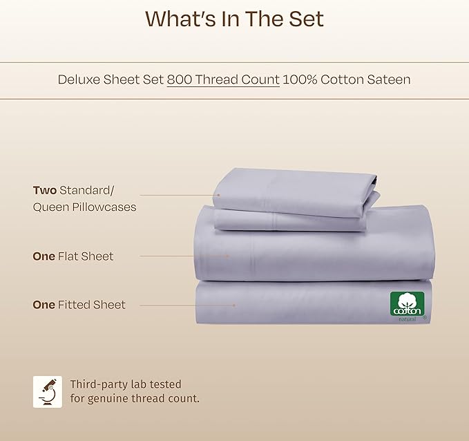 California Design Den Luxury 800 Thread Count Sheets Queen - 100% Cotton Sateen for Queen Size Bed - Bedding Set with Deep Pockets, Cooling & Softer Than Egyptian Cotton Sheets (Lavender)