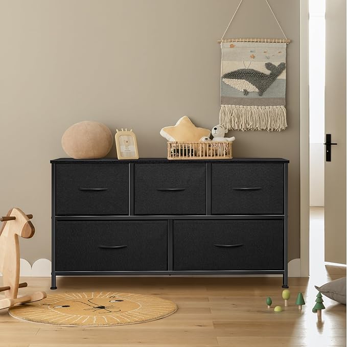Dresser for Bedroom with 5 Drawers, Chest of Drawers, Storage Drawers Organizer Unit, Black Wide Fabric Dresser with Fabric Bins for Closet, Living Room, Bedroom (Charcoal Black)