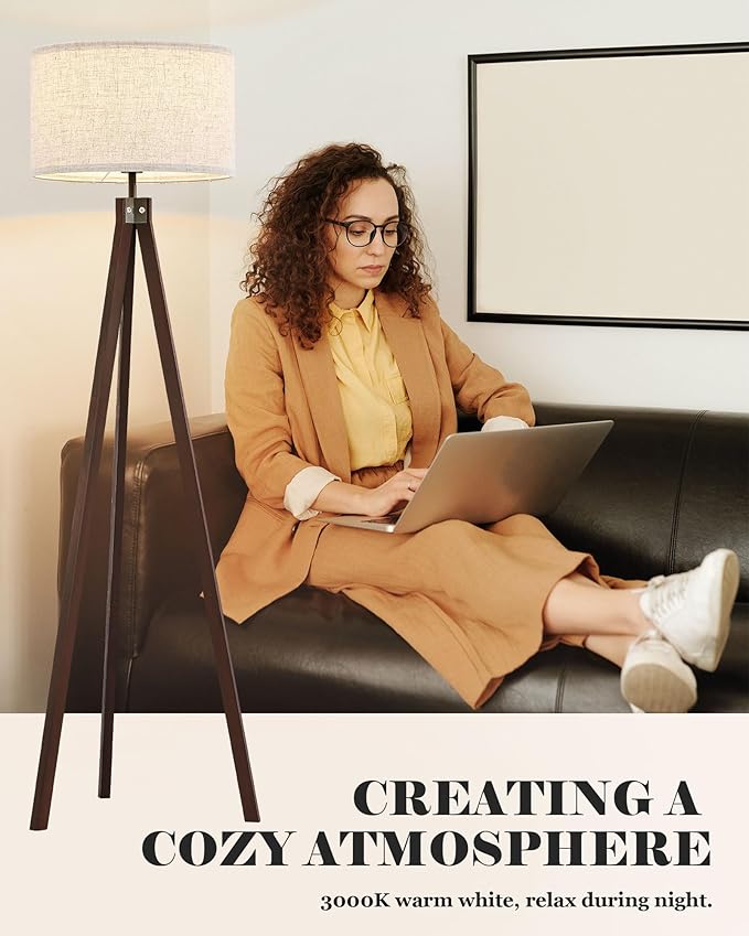 ELYONA Wood Tripod Floor Lamp, Mid Century Modern Reading Standing Light, Tall Studying Light with 3 Color Temperatures LED Bulb & Nature Linen Shade for Farmhouse Living Room Bedroom Office, Walnut