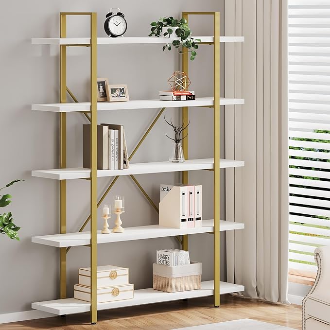 HSH 5 Tier White and Gold Bookshelf, Tall Storage Bookshelves for Bedroom Living Room Office, Metal and Wood Large Book Shelves, Modern Vertical 5 Shelf Bookcase, Farmhouse Big Open Display Book Shelf