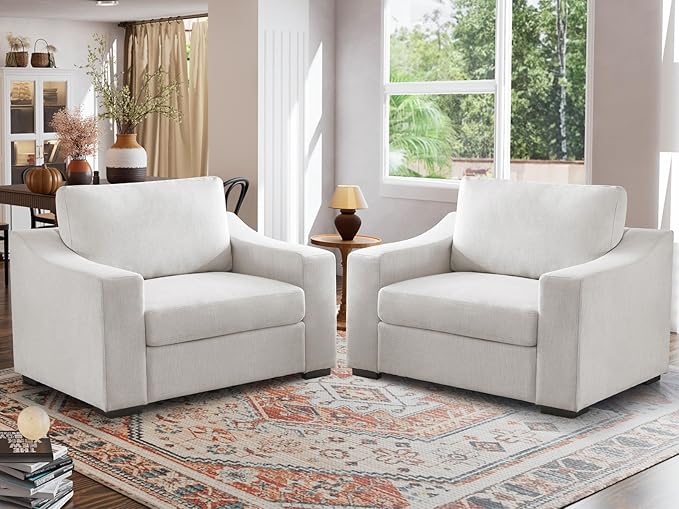 ELUCHANG 47" W Oversized Accent Chair Set of 2, Linen Fabric Modern Armchair, Washable Covers, Comfy Upholstered Large Chair Armchair Sofa Chair Reading Chair for Living Room Bedroom Office, Ivory