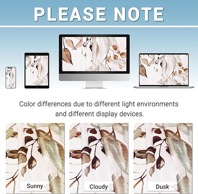 No Hook Shower Curtain with Snap in Liner - Eucalyptus Shower Curtain - Washable Waterproof Inner Liner, Plants Taupe Leaves Modern Shower Curtains - Machine Washable, 71 x 74