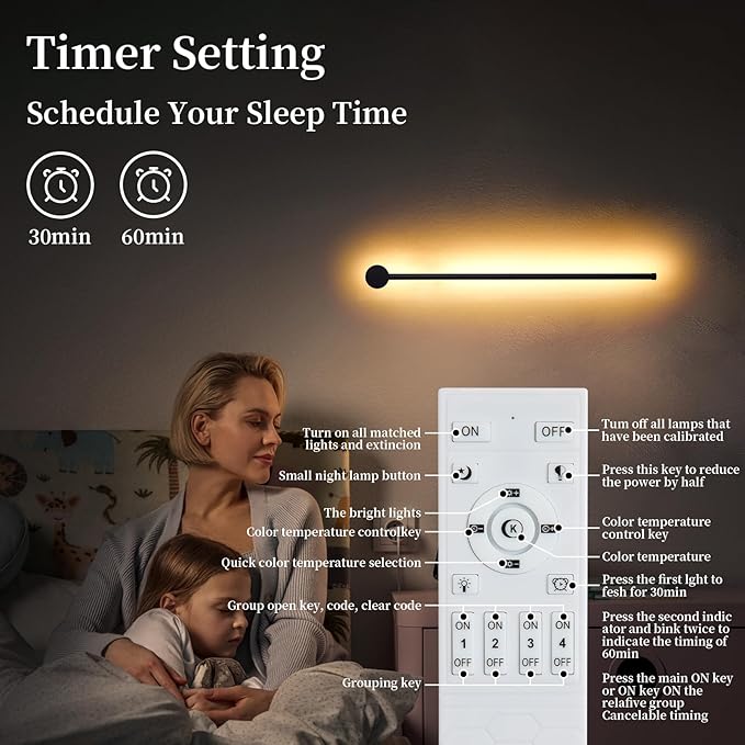 Dimmable Plug in Wall Sconce Set of 2, Black 23.6" LED Wall Light with Remote, Adjustable Color Temperature Brightness Wall lamp with Timer for Living Room,Bedroom and Accent Lighting