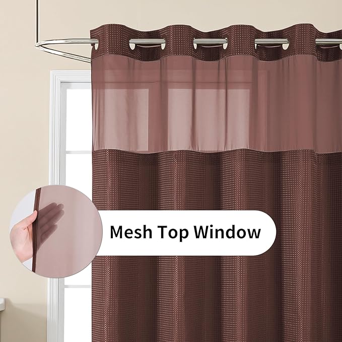 Colorful Star No Hook Shower Curtain with Snap in Fabric Liner, Waffle Weave Heavy Duty Thick Shower Curtains with Mesh Top Window, Hotel Style Waterproof Bathroom Curtain Set, 72 x 75 Inch, Brown