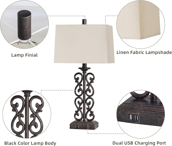 25" Set of 2 Touch Modern Resin Table Lamps for Living Room with Dual USB Ports, 3-Way Dimmable Rustic Bedside Lamps, Farmhouse Nightstand Lamp for Bedroom Office Decor, 2 Bulbs Included